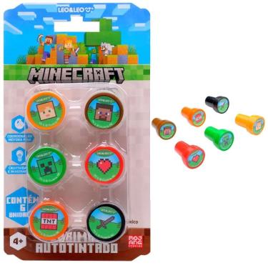 Imagem de Carimbo Autotintado Infantil Leo & Leo Minecraft Decorado com Encaixe para Lápis Blister 6 Unidades