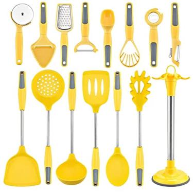 Imagem de Conjunto de utensílios de cozinha de silicone, 15 peças, conjunto de utensílios de cozinha de silicone de aço inoxidável, utensílios de cozinha para panelas antiaderentes, conjunto de utensílios de cozinha e espátulas - amarelo