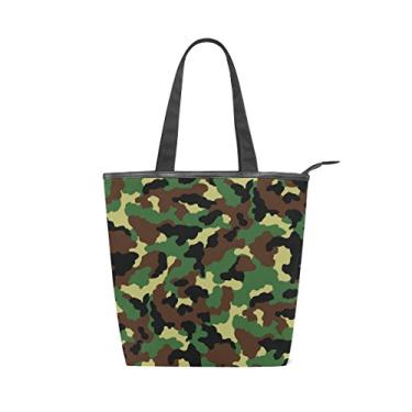 Imagem de Bolsa feminina de lona durável clássica camuflada verde militar grande capacidade sacola de compras bolsa de ombro