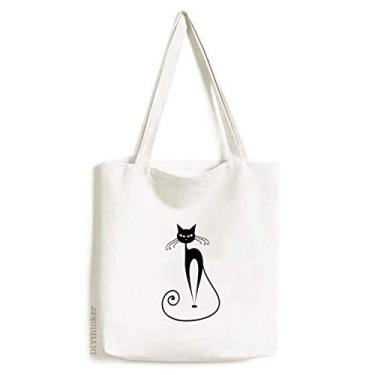 Imagem de Bolsa de lona com desenho de gato preto cauda longa bolsa de compras casual bolsa de mão