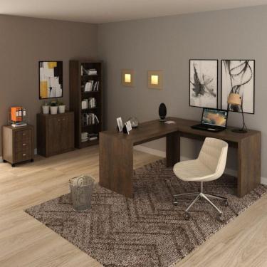Imagem de Conjunto Home Office 4 Peças com 1 Mesa em L 1 Balcão 1 Gaveteiro 1 Estante Espresso Móveis Rústico