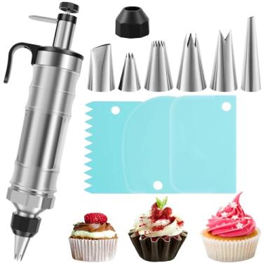 Imagem de Seringa para decoração de sobremesa com 6 bocais, 3 raspadores, conjunto de pistola de decoração de gelo de aço inoxidável, injetor de enchimento de cobertura de cupcake, kit de decoração de cupcake