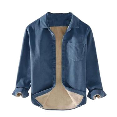 Imagem de Camisas masculinas de outono inverno casual de lã quente lapela veludo cotelê grosso com bolso camiseta versátil, Jeans azul, PP