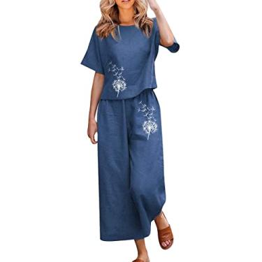 Imagem de Conjunto feminino casual de 2 peças, camisa de botão, bolsa de papel, shorts de algodão e linho, roupa de treino de manga curta, Azul marino, X-Large