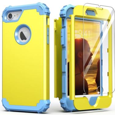Imagem de IDweel Capa para iPhone 8 com protetor de tela (vidro temperado), capa para iPhone 7, capa 3 em 1 à prova de choque híbrida resistente de policarbonato rígido de silicone macio durável capa durável de corpo inteiro, amarelo/azul paz