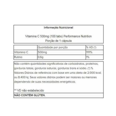Imagem de Vitamina C 500mg 100 Tabletes Performance Nutrition-Unissex