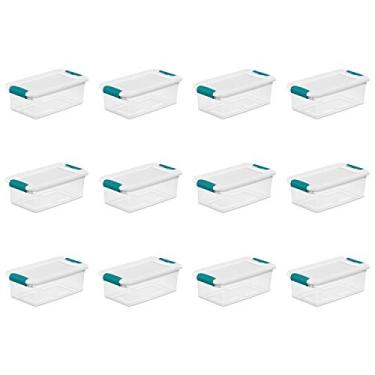 Imagem de Sterilite Caixa de armazenamento com trava de 6 litros, caixa empilhável com tampa de trava, recipiente de plástico para organizar os sapatos na prateleira do armário, transparente com tampa branca,