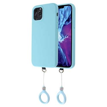 Imagem de CHEAP SUNDAY Capa protetora completa de borracha de silicone líquida macia com suporte de anel de telefone de strass compatível com iPhone 12 e 12 Pro 6,1 polegadas (2020) (menta)