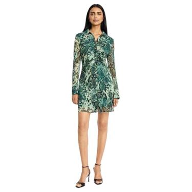 Imagem de Donna Morgan Vestido feminino de manga comprida com estampa de cobra e colarinho abotoado, Verde absinto/Eden, 36