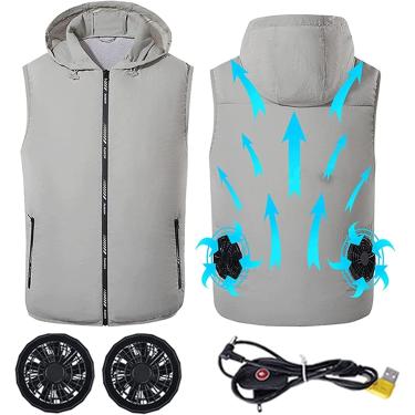 Imagem de Colete de resfriamento masculino Ventilador Jacet Tecido de malha leve com 2 ventiladores USB vestível sem mangas Verão Ice Cool Colete para mulheres pescando Hiing Woring, cinza, 4XL-5XL