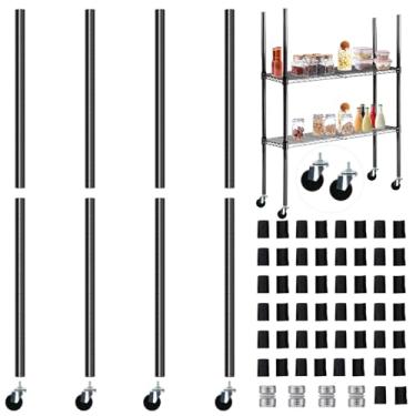Imagem de Yaocom Conjunto de 4 postes de prateleiras de arame com 50 peças de clipes de prateleira de arame de plástico cromados com rodas de rodízio, peças de prateleiras de arame para 1 prateleira de poste de