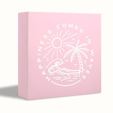 Imagem de KEUSPI Decoração de mesa de praia rosa decoração de casa de praia costeira felicidade vem em ondas placa de bloco de madeira inspiradora caixa sinal de caixa de madeira de verão decoração de mesa