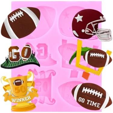 Imagem de XMOLDNMS Tema esportivo decoração de bolo molde de silicone moldes de fondant de futebol capacete troféu de futebol molde de doces para decoração de bolo topo de cupcake artesanato açúcar pasta de