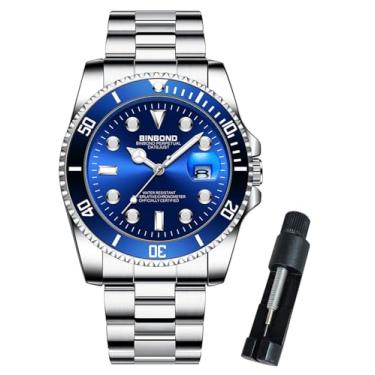 Imagem de BINBOND Relógios masculinos de aço inoxidável, com bisel giratório, clássico, à prova d'água, luminoso, luxuoso, mostrador grande, data de negócios, relógio de pulso masculino, Prateado, azul,