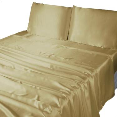 Imagem de Jogo de Cama Queen Size 4 Peças Seda Cetim Charmousse Lençol e Fronha Toque Macio (Dourado)