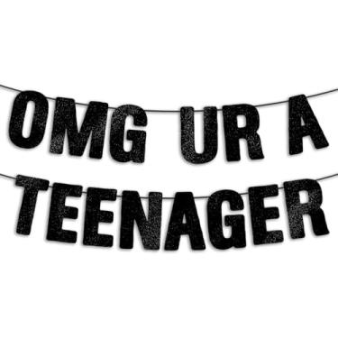 Imagem de Faixa de glitter preta pré-amarrada OMG UR A adolescente, decorações engraçadas de festa de aniversário de 13 anos para meninos e meninas, placa oficial de aniversário de adolescente