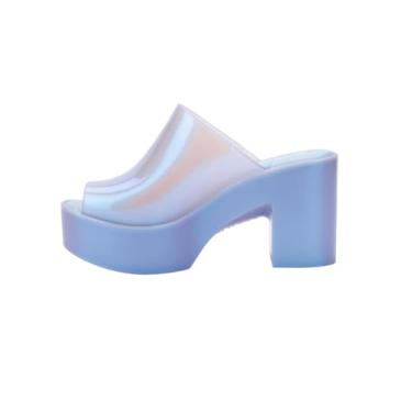 Imagem de Melissa Mule Hype Heel - Sandália moderna para mulheres - Estilo mule confortável iridescente - Altura do salto de 9,5 cm - Cabedal de alto brilho com aroma de chiclete - Chique e sofisticado, Azul