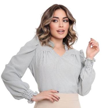 Imagem de Blusa Manga Longa Feminina Listrada Social Gola V Bufante - LOOK MODAS