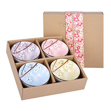 Imagem de VanEnjoy Conjunto de 4 tigelas de arroz de cerâmica estilo japonês com caixa de presente, conjunto de tigelas com padrão de flores em cores variadas, louça sob vidrado, para sobremesa, lanche, sopa de