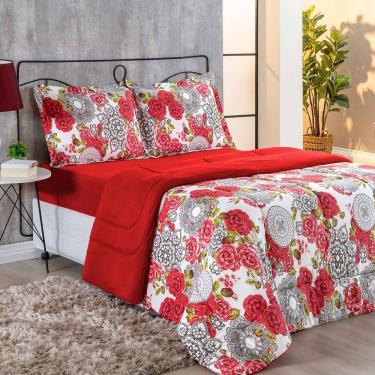 Imagem de Kit Edredom Malha 100% Algodão Primavera 3 Peças King - Floral Vermelho
