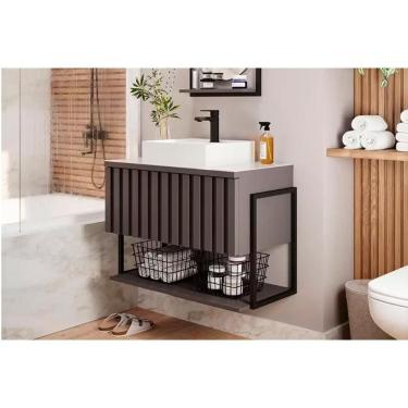 Imagem de Bancada De Banheiro Suspenso Frisê Havaí Ripado 1pta C-cuba E Tampo Vidro 80 Cm Titanium Mgm