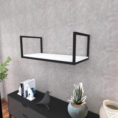 Imagem de Prateleira Industrial Suspensa Estante Parede Nicho Branca Ferro E Madeira Suporte Pratileira