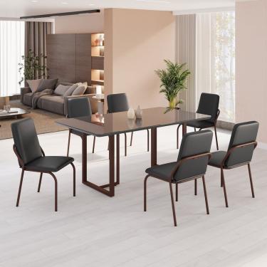 Imagem de Conjunto Sala De Jantar Mesa 160x90cm Base Lunna Tampo Mdf Laca Com Vidro Malibu Preto Marrom