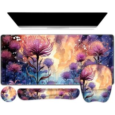 Imagem de NXZGO Mouse Pad Grande 4 Em 1, Conjunto De Apoio Para Pulso E Teclado, Almofada Ergonômica Com Suporte, Tapete Mesa Bordas Costuradas, À Prova D'Água Estendida Escritório Casa, Flor Roxa I Blossom
