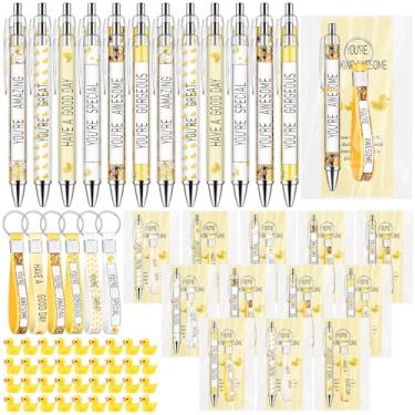 Imagem de HCEWSBFD 36 conjuntos de canetas de pato, presentes com mini chaveiros de silicone inspiradores de pato amarelo de resina, lindas canetas esferográficas, cartões incríveis para amantes de patos