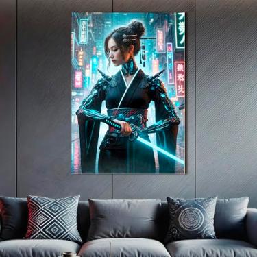 Imagem de PUREVACY Arte de parede azul neon do samurai Cyberpunk. Decoração de casa moderna para sala de estar, quarto ou escritório. Arte de parede em tela sem moldura Tamanho 50 x 50 cm / 20 x 20 ″