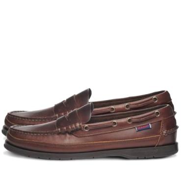 Imagem de Sebago Sapato náutico impermeável Sloop – Mocassins estilo mocassim de couro de flor integral com forro de meia de couro confortável e sola de borracha antiderrapante, Goma marrom, 40