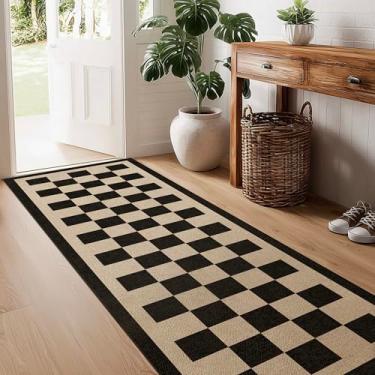 Imagem de Tapete de juta fácil quadriculado lavável, 6 x 15 cm preto geométrico boho tapete de pátio interno, leve, antiderrapante, neutro, longo tapete para corredor, cozinha, entrada de 1,8 m, varanda