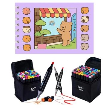 Imagem de Livro Colorir com Canetinhas Kit Livro De Pintura Lilás + 48 Canetas Ponta Dupla Marcadora Canetinhas para Colorir Capa Dura Holográfica com Acetato 50 desenhos A5