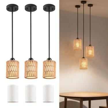 Imagem de OUVR Luminária suspensa Boho - Abajur 2 em 1 de vime e linho, luminária ajustável para ilha de cozinha, sala de jantar, casa de fazenda, quarto (pacote com 3)