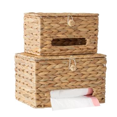 Imagem de HYVAKUPPA Dispensador de saco de lixo de vime para 13-33 galões com tampa suporte de parede jacinto de água natural feito à mão sacos plásticos de lixo suporte organizador de mercearia armário para