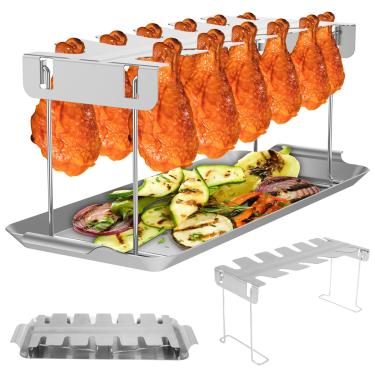 Imagem de Suporte de perna de frango para churrasqueira e defumador, 12 compartimentos de aço inoxidável premium com bandeja de gotejamento, suporte dobrável para coxas de frango, pode ser lavado na lava-louças