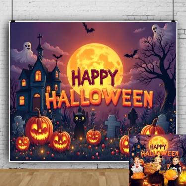 Imagem de Pano de fundo Happy Halloween 3 x 2,4 m, lua fantasma, castelo assustador, casa assombrada, cenários fotográficos, engraçados, para crianças, decorações de Halloween para chá de bebê, aniversário