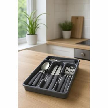 Imagem de Faqueiro Inox 25pcs com Cabo Plastico e Suporte Gaveteiro Cinza