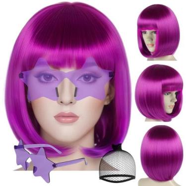 Imagem de Peruca ANOGOL Purple Bob com franja e óculos de sol em forma de estrel