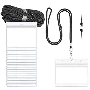 Imagem de ZHEGUI Pacote com 25 cordões pretos breakaway com porta-crachás horizontais 10 x 7,6 cm, resistente à água, PVC transparente, à prova d'água, com zíper resselável (cordão de segurança incluído)