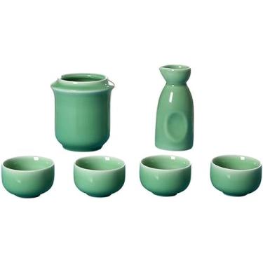 Imagem de JOEUQK Conjunto de copos de saquê com design tradicional à mão, conjunto de saquê de 6 peças com conjunto de saquê japonês mais quente, conjunto de saquê de cerâmica, 4 xícaras de saquê, 1 pote de