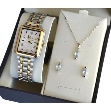 Imagem de Relogio champion misto quadrado pequeno cn20471b + kit semi joia