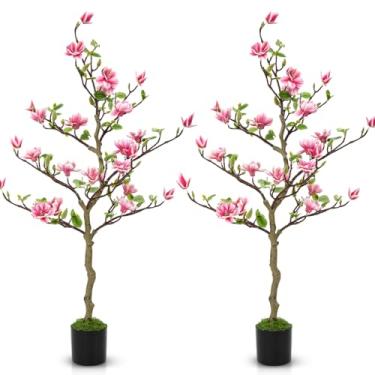 Imagem de Jexine Pacote com 2 árvores de magnólia artificial, 102 cm de altura, árvore de magnólia sintética com vaso, planta realista para varanda interna e externa, sala de estar, piso, loja e hotel, rosa e