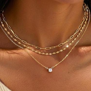Imagem de Conjunto de colares banhados a ouro 14K em camadas, joias modernas, presentes para mulheres, gargantilha com clipe de papel de ouro, One Size, Latão, Sem Pedra Preciosa