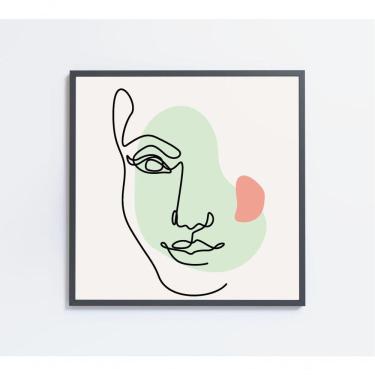 Imagem de Quadro Feminino Silhueta Meia Face Artística Contínua Medidas 60x60 Cm Impressão Tecido Canvas