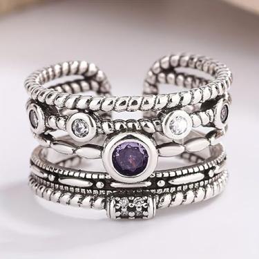Imagem de Anel feminino vintage gótico multicamadas roxo com design de olho do diabo - pedra central de ametista profunda e contas decorativas, Metal, Sem pedra preciosa