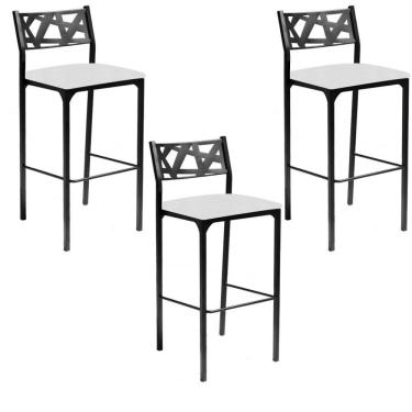 Imagem de Kit 03 Banquetas Alta Com Encosto Luiza Gourmet Para Balcão Cozinha Suede Branco - Aurora Line