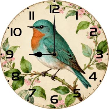 Imagem de Dlonvoh Relógio vintage pássaro flor francesa madeira relógios de parede sem moldura operado por bateria quartzo silencioso rústico casa de fazenda relógio decorativo redondo para casa sala de estar