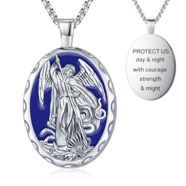 Imagem de OigvcoTe Colar com pingente de São Miguel, banhado a ouro 24K com esmalte vermelho, corrente de 40 cm, medalha de proteção religiosa, formato oval, 44 Millimeters, Metal, Zircônia cúbica