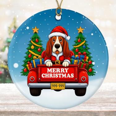Imagem de DamienBrightGift Enfeite de Natal do Papai Noel Basset Hound - Caminhão vermelho de cerâmica com decoração de árvore - Presente de lembrança de feriado para amantes de cães fofos - Decoração de Natal